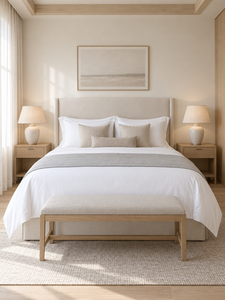 Weiße Bettlaken ohne Gummizug in einem ruhigen Schlafzimmer im Hotelstil