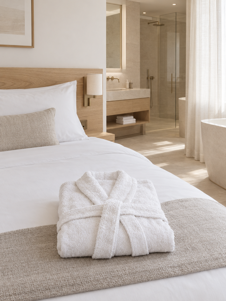 Weißer Bademantel gefaltet auf einem Hotelbett mit weißer Bettwäsche