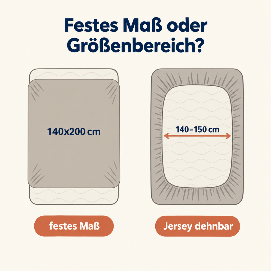 Grafik: Welche Größe Spannbettlaken für 140x200 – festes Maß oder Größenbereich bis 150 cm