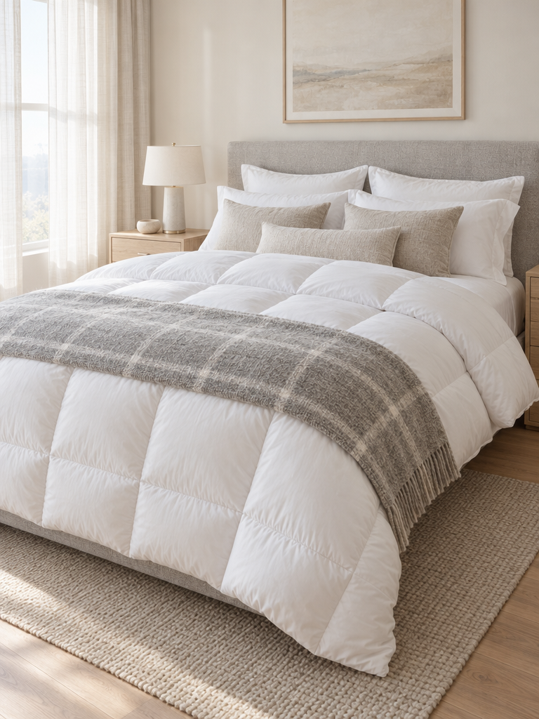 Bauschige Winterdecke 155x220 mit Kassetten und Wollplaid auf dem Bett