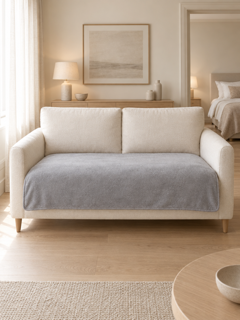 Wohndecke 150x200 in Silbergrau ausgebreitet über einem Sofa