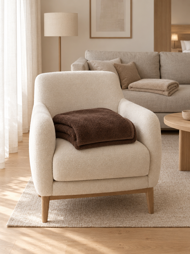 Wohndecke in Braun und Beige gefaltet auf Sessel und Sofa