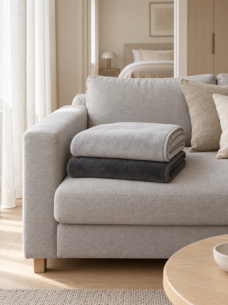 Wohndecke grau: Anthrazit und Hellgrau übereinander auf einem Sofa