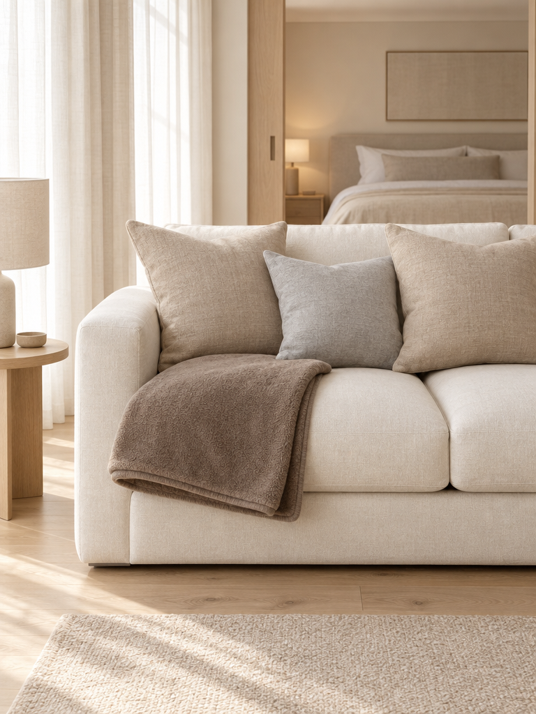 Wohndecke und Kissen in abgestimmten Tönen auf einem Sofa kombiniert