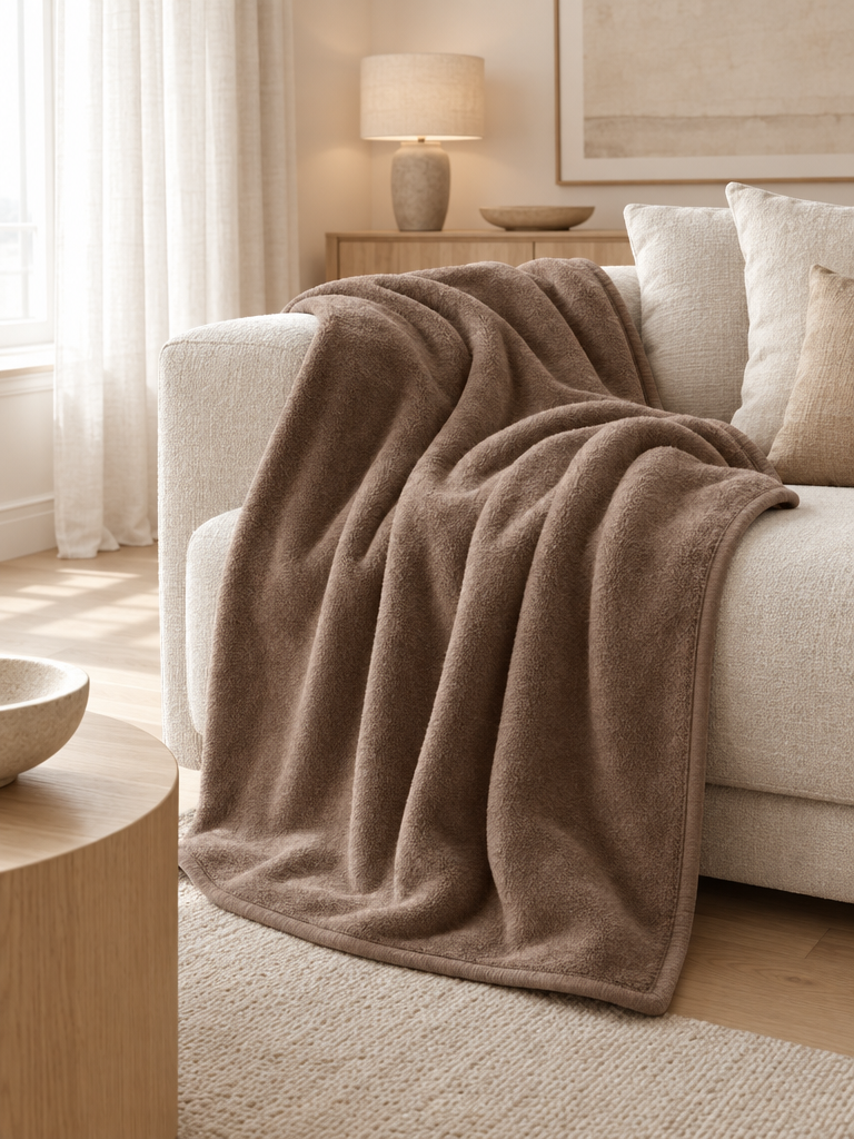 Wohndecke aus Mikrofaser in Mocca locker über einem hellen Sofa