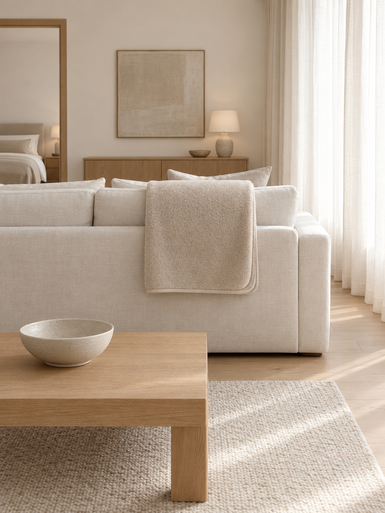 Wohndecke in Beige auf einem hellen Sofa im lichtdurchfluteten Wohnzimmer